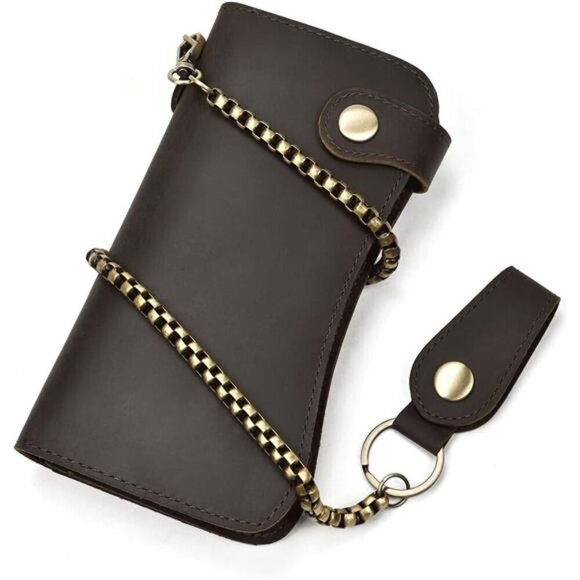 Men's Genuine Leather Long Wallet Chain Wallet, Engraved Bifold Wallet - Main Image
